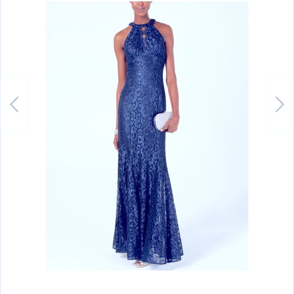 Teal Nightway Glitter-Lace Keyhole Gown